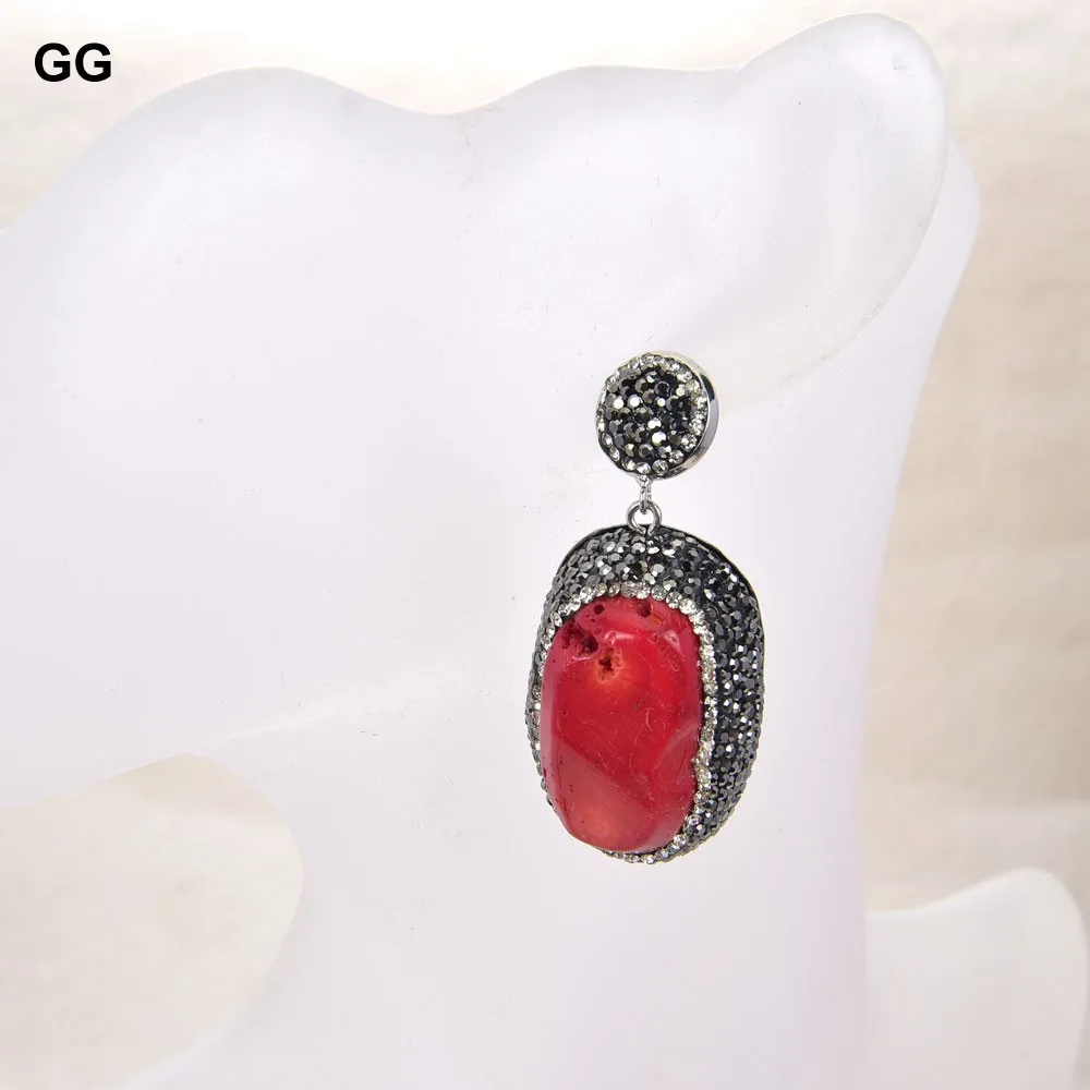 GG Natural Red Coral Nugget Trimmed With Marcasite Crystal Dangle Earrings