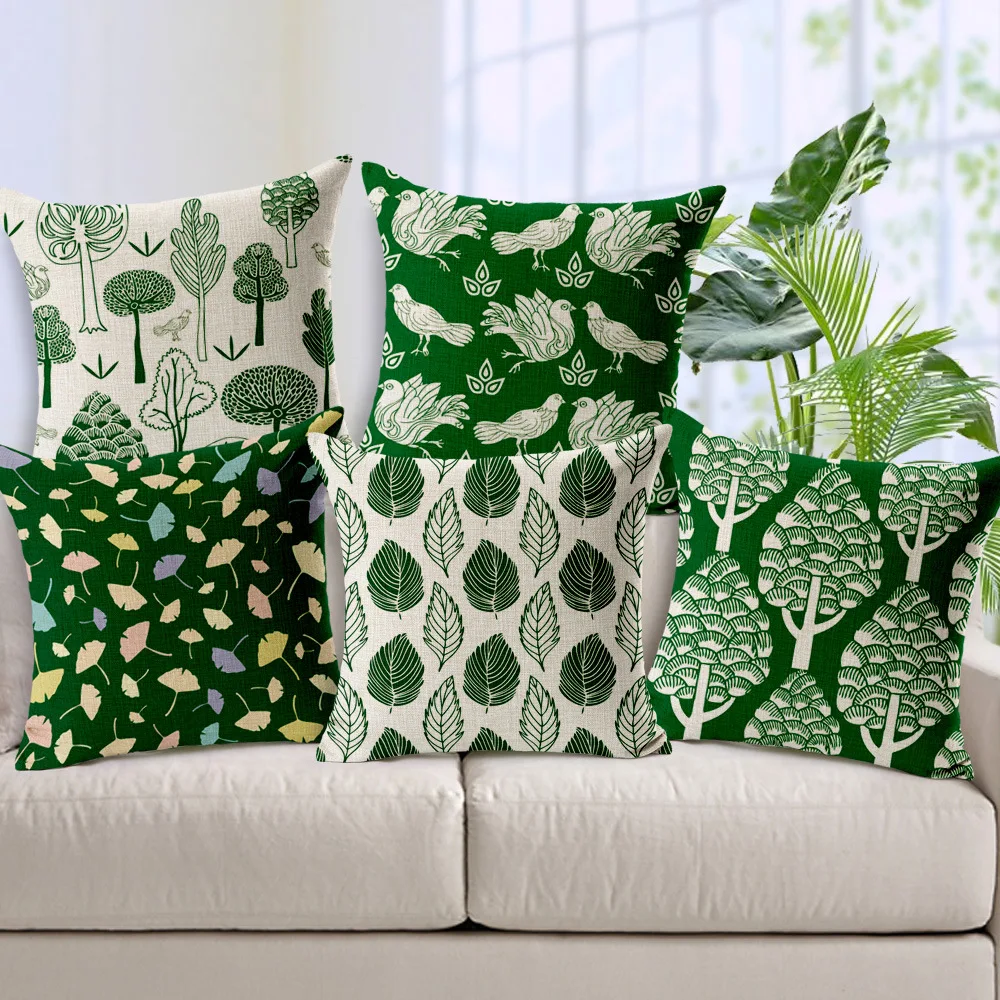 Nordic Geometric Leaf Flower Cushion Green Floral Pillow For Home Sofa Decorative Linen Throw Pillowcase