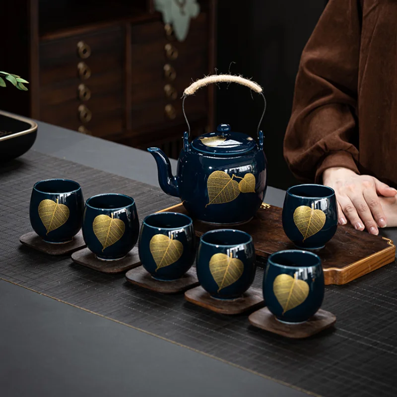 Chinese Style Blue Ceramic Tea Set Tea Tray Set Handle Pot Cover Home Simple Office Drinking Teapot Teacup Six Cups One Pot Set