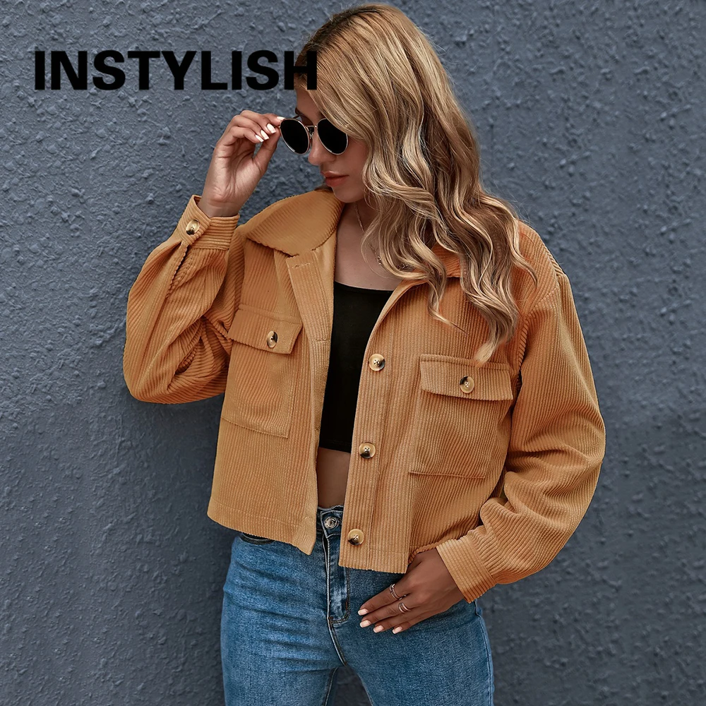 

Instylish Autumn Long Sleeve Corduroy Jackets Vintage Harajuku Cropped Coat Elegant Solid Shirt Korean Women Blouse Outwear