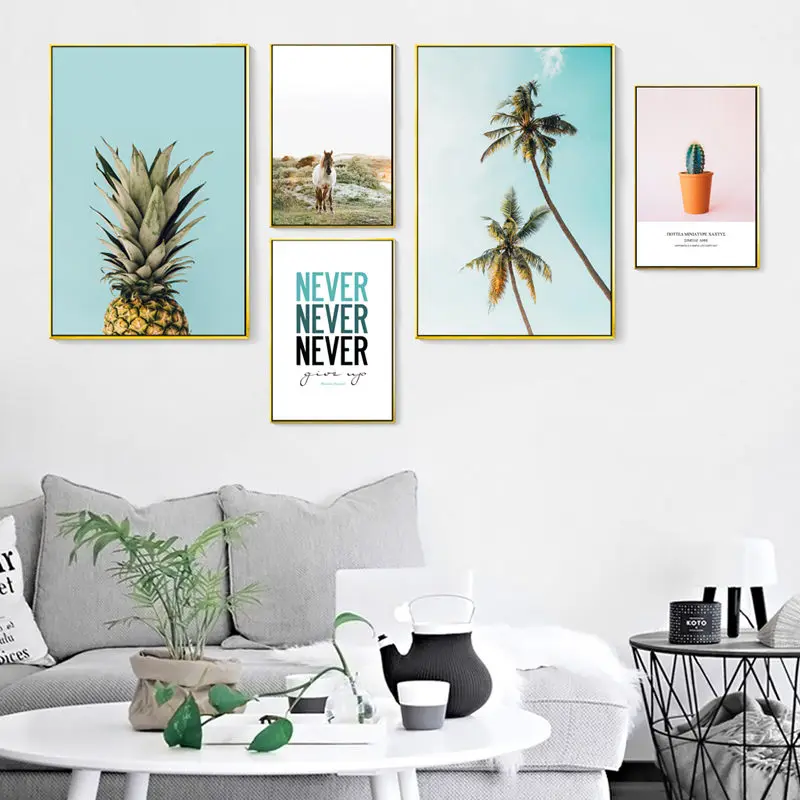 Nodic Fresh Cactus Pineapple Poster Animal Horse Nature Scenery Coconut Tree Picture Canvas Print Wall Art Painting for Bedroom