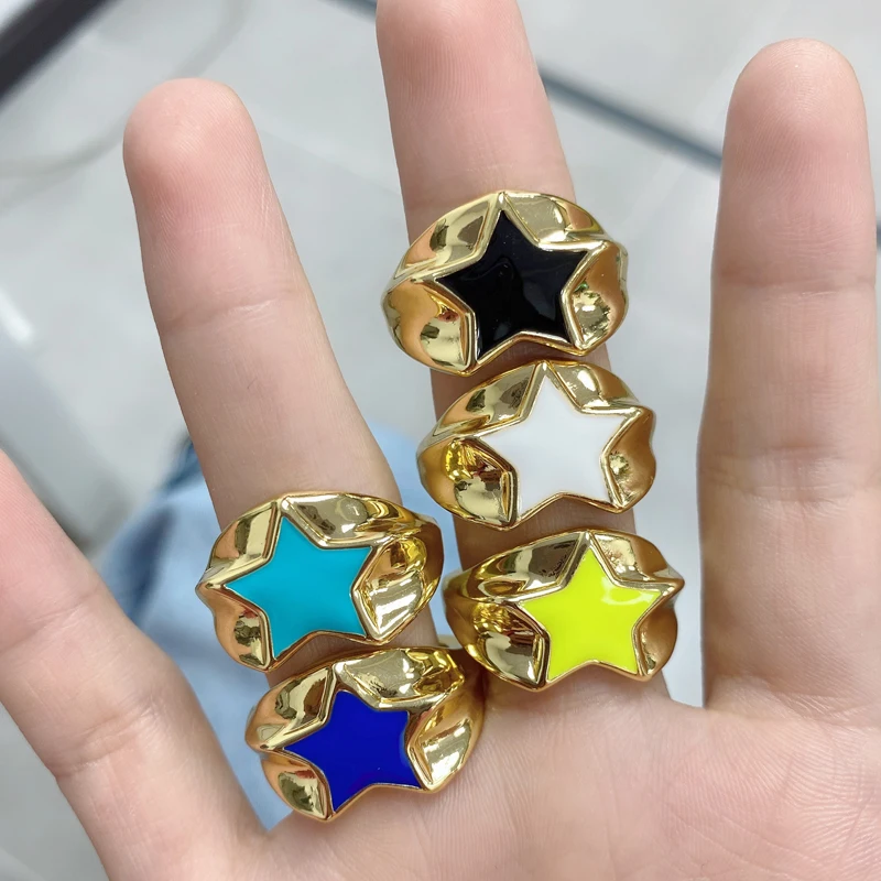 5Pcs/Lot Fantastic Multicolor Enamel 18K Gold Plated Color Raised Brass Star Adjustable Ring