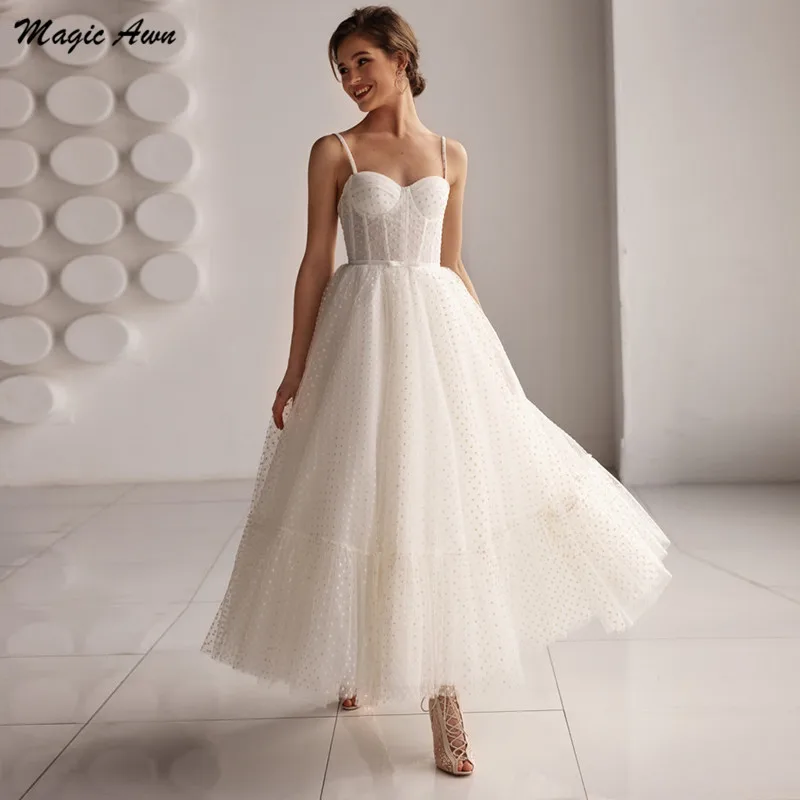 Magic Awn New Polka Dots Tulle Wedding Dresses Spaghetti Straps Illusion Ankle-Length Boho Mariage Gowns Lace-Up Back Vestidos