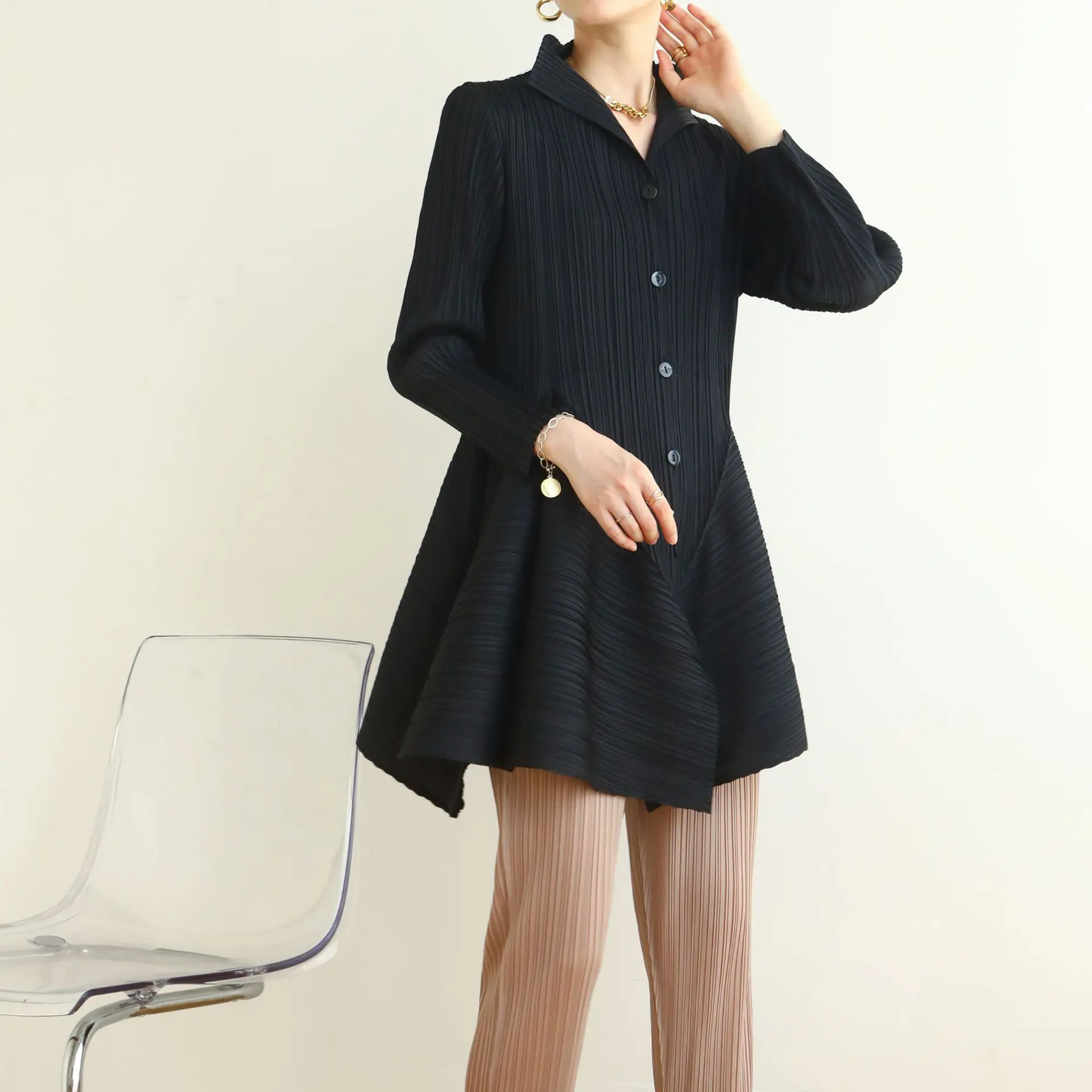 

2021 Fall New Miyak Pleated woman Bud dress Solid Long sleeve single breasted Large Size Female Dresses