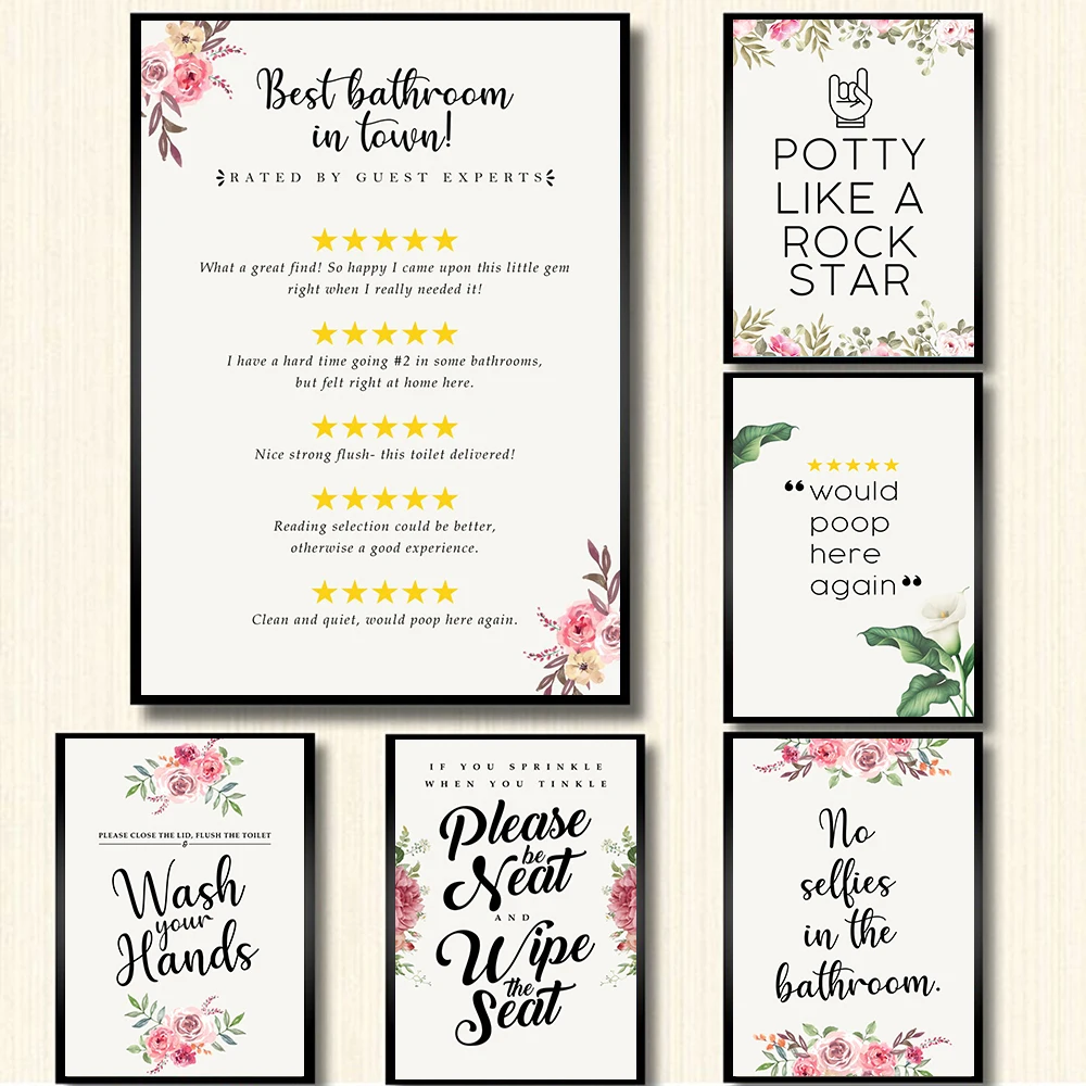 Funny Toilet Letter Poster Nordic Flower Minimalist Bathroom Canvas Painting Would Poop Here Again Quote Wall Art WC Sign Decor