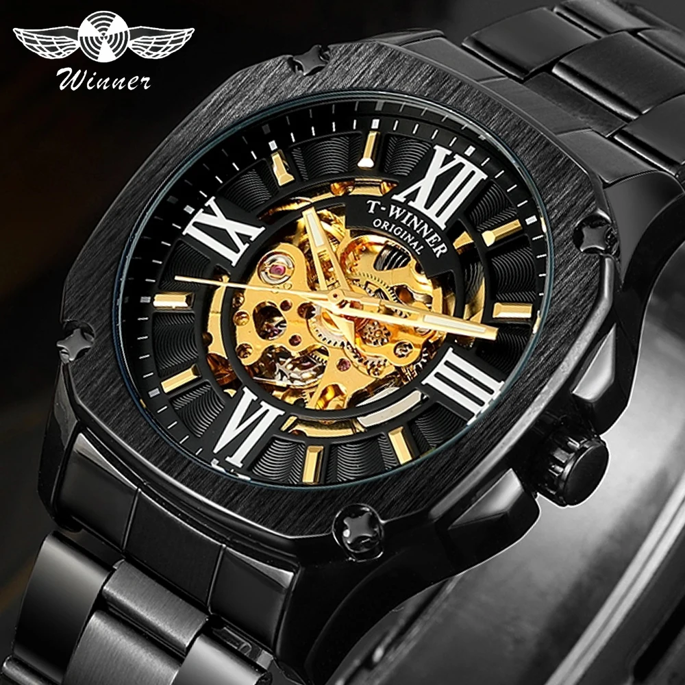 Winner Men\'s Mechanical Watch Retro Golden Skeleton Square Automatic Skeleton Stainless Steel Belt Gentleman Wrist Watches Clock