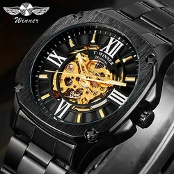 Winner Men's Mechanical Watch Retro Golden Skeleton Square Automatic Skeleton Stainless Steel Belt Gentleman Wrist Watches Clock