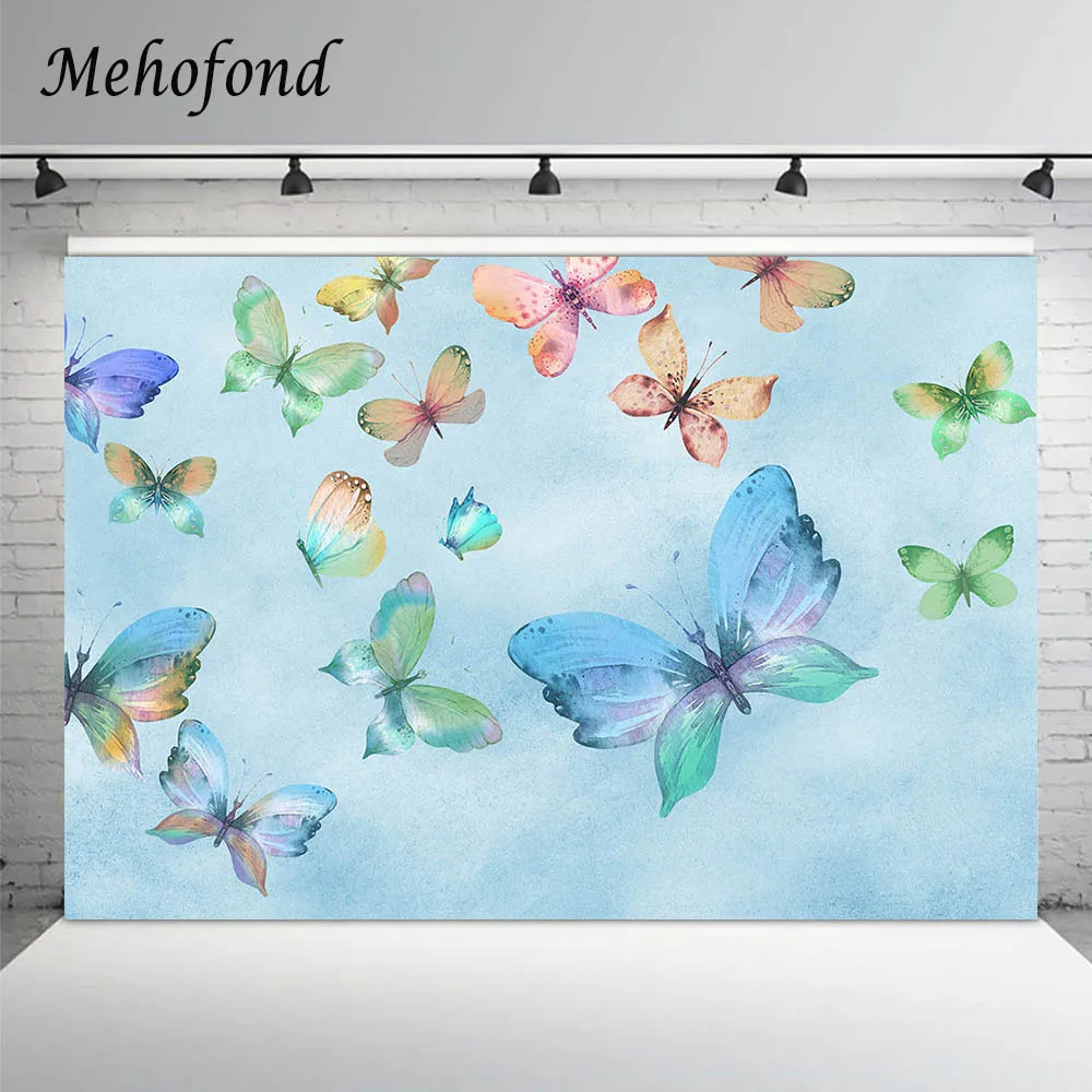 Mehofond Tắm Cho Bé Nền Chụp Ảnh Bướm Hồng Hoa Xanh Dương Nước Bề Mặt Cô Gái Sinh Nhật Phông Nền Photozone Đạo Cụ