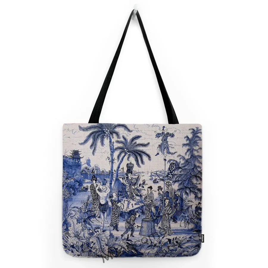 Navy Blue Black White Newspaper Poster Style Toile De Jouy Motif Pattern Vintage Water Resistant Linen Tote Bag Shoulder Bag