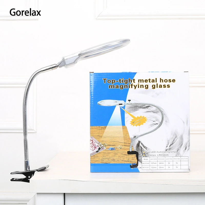 107mm Large Lens Table Magnifier with Metal Clip, 2.5X 5X Desktop Magnifying Glass With Led Light for Reading Repair Watching