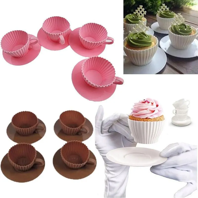 Silicone Cupcake Cups Muffin Baking Cake Tea Saucer Teacup Mold Mould