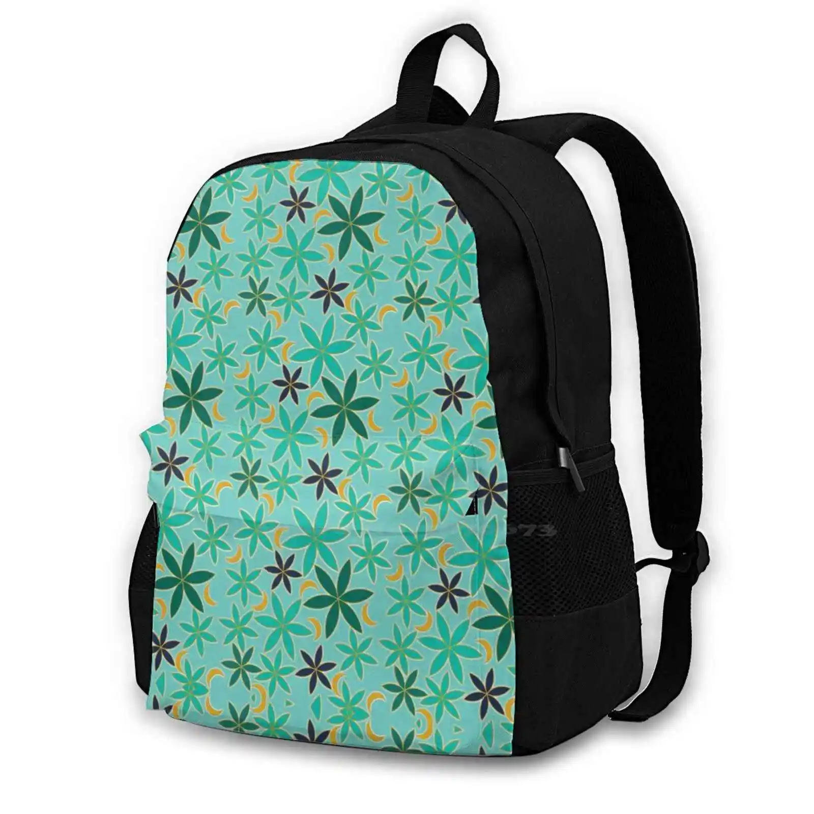 Turquoise Gold Flower Pattern Backpacks For School Teenagers Girls Travel Bags Flower Petals Moon Banana Teal Blue Turquoise