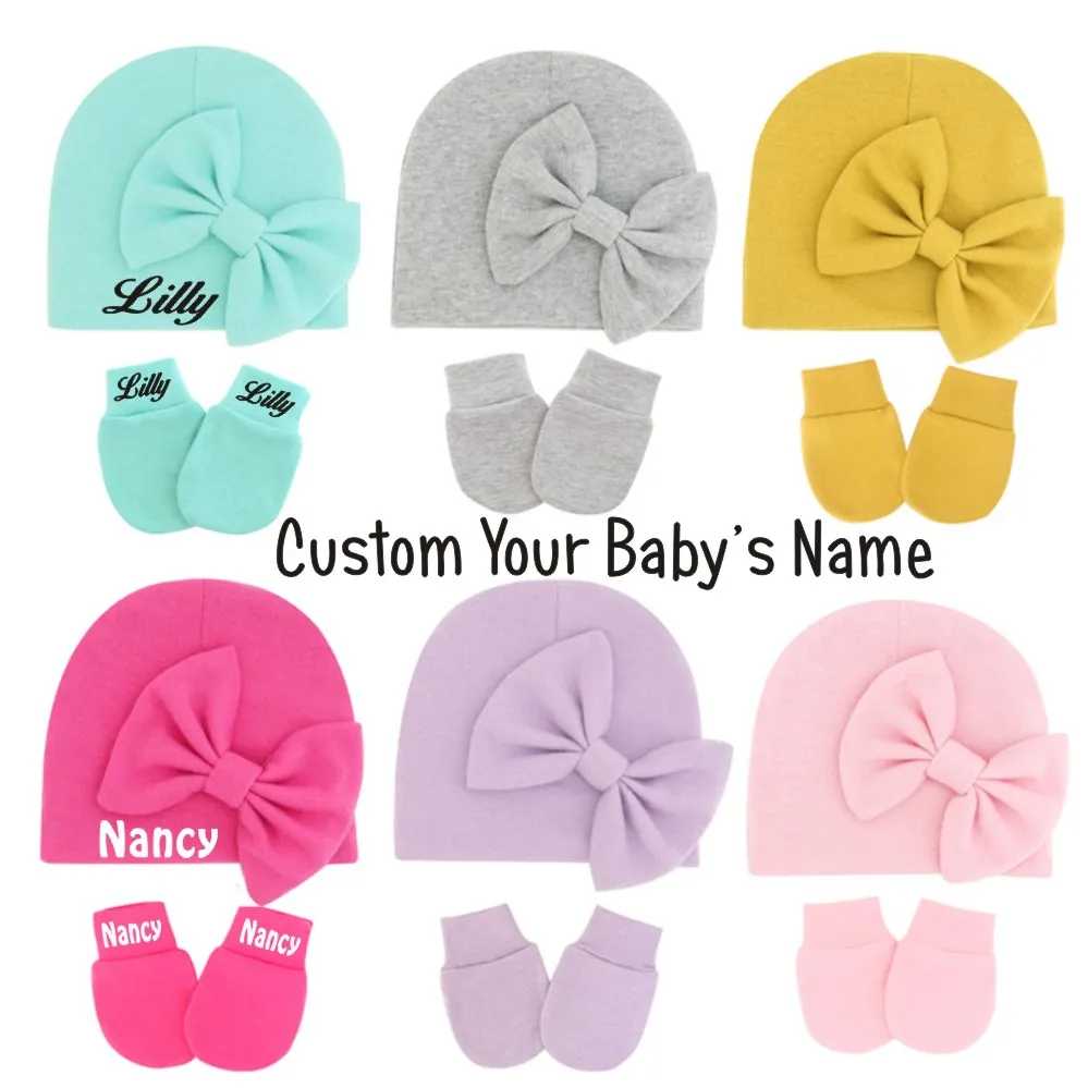 Chapeau et mitaines personnalisés avec nœud pour bébé, cadeau de naissance pour nouveau-né, nom personnalisé, rose, fille