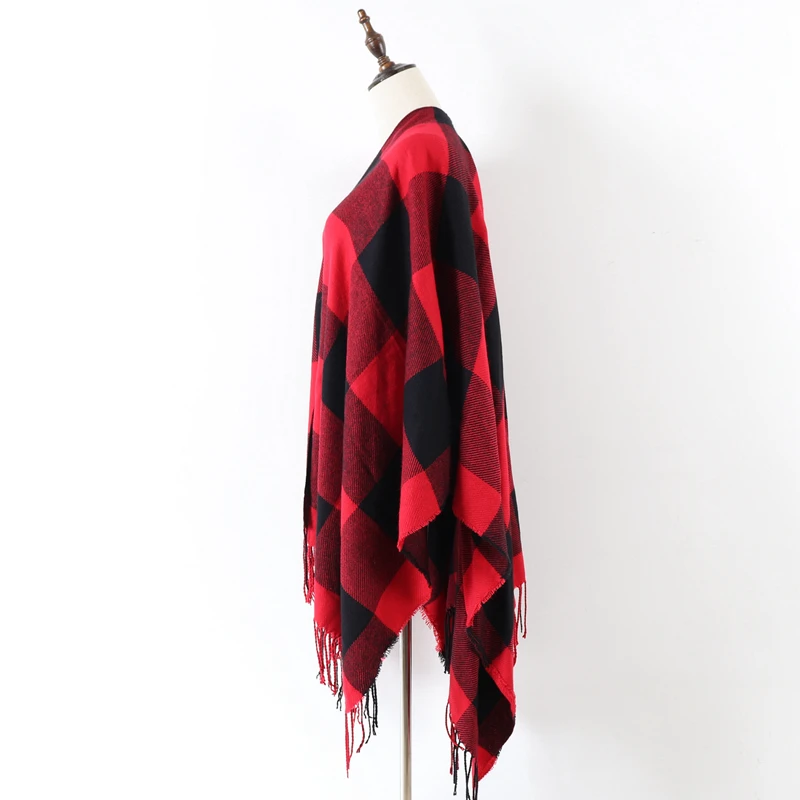 New Hot Winter Design Women Red Buffalo Plaid Blanket Poncho Cape Oversize Shawl Stole