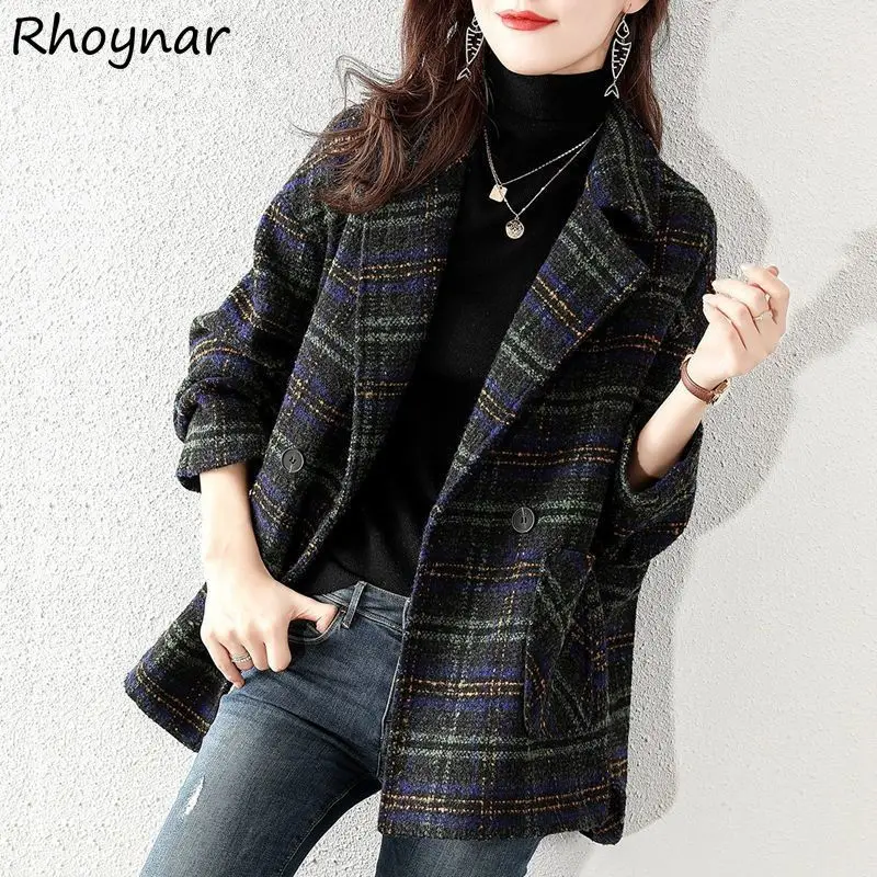 

Blends Women Vintage Plaid Fashion Ladies Notched Korean Style Elegant Street Wear Autumn Design Loose Simple Daily Warm Chic