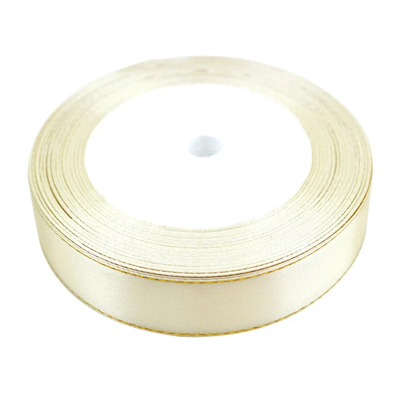 (25 yards/roll) beige gold Edge Satin Ribbon Wholesale Gift Christmas ribbons (6/10/20/25/40mm)