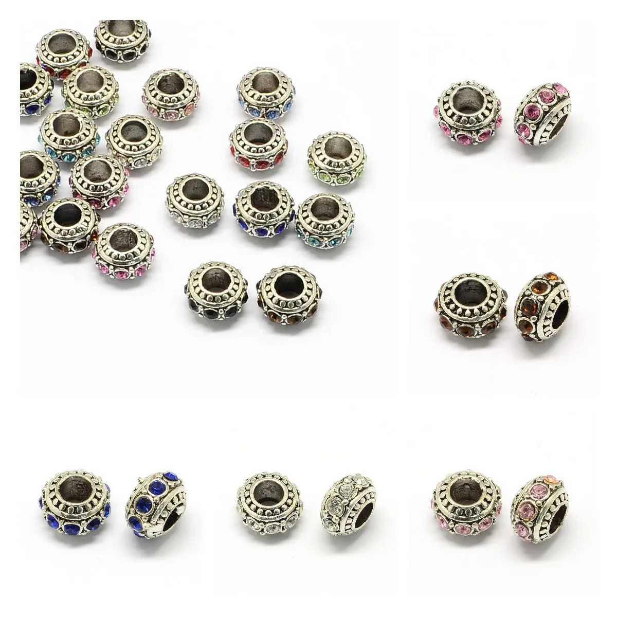 50Pcs Mixed Color Alloy Rhinestone European Beads Rondelle Large Hole Bead For Bracelet DIY Craft Jewelry Making 11x7mm