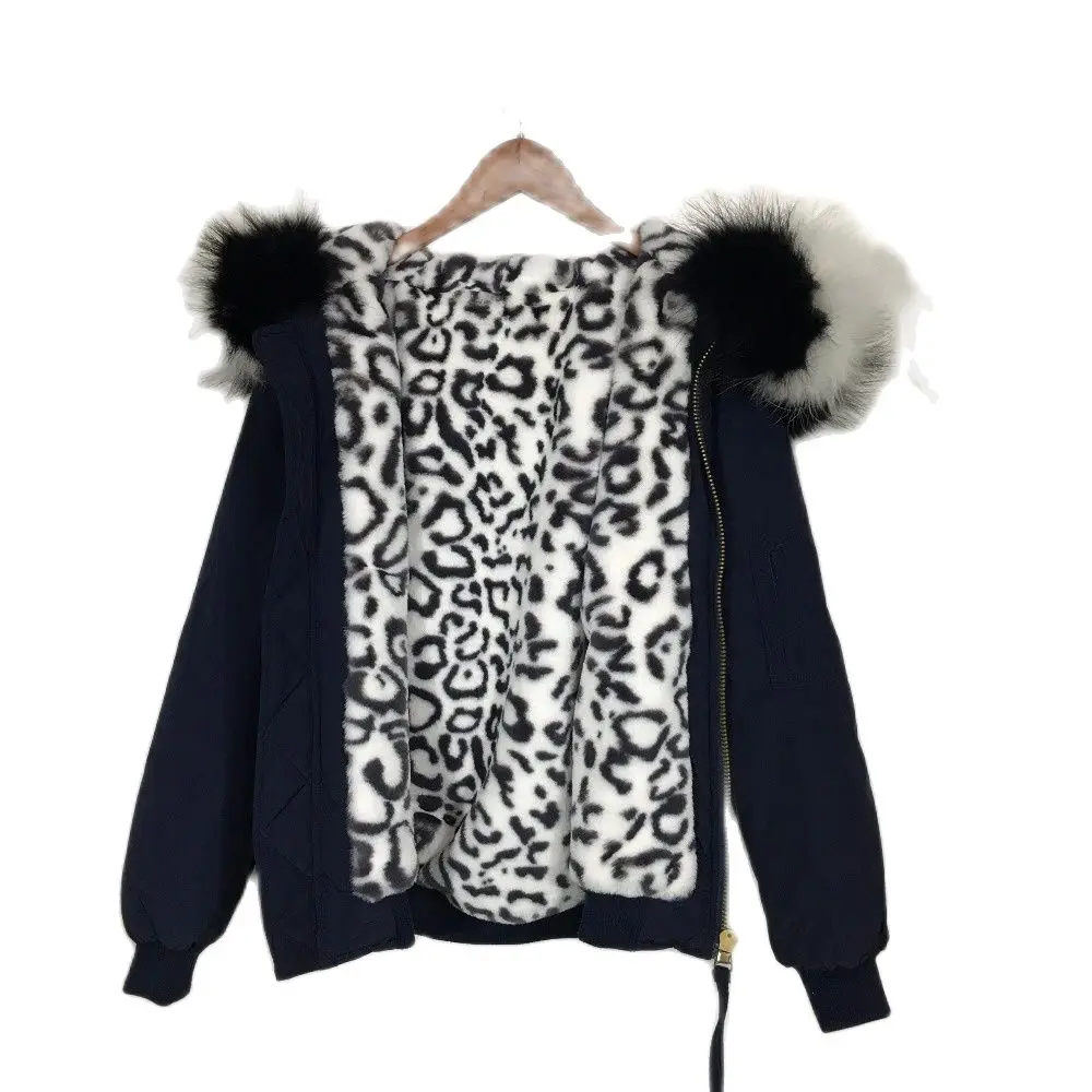 Navy Windproof Women Coats Winter Bomber Fur Jacket Zipper Hooded White Leopard Fur Coat