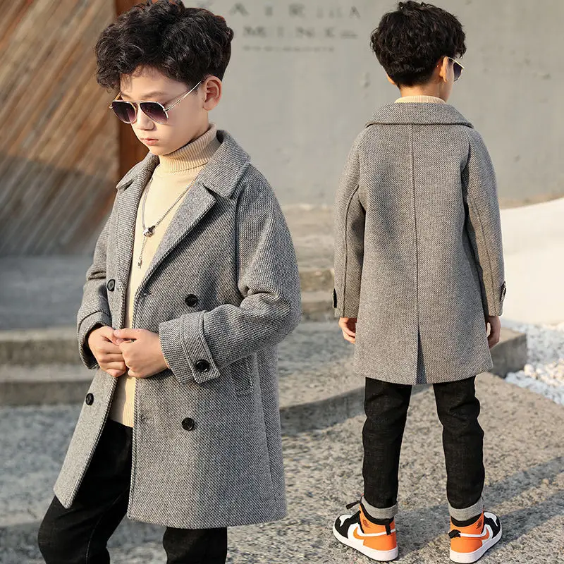 Boy Woolen Coat 2023 Autumn Winter Jacket New Fashion Turn Collar Solid Double-Breasted Children\'s Outerwear Trench High Quality