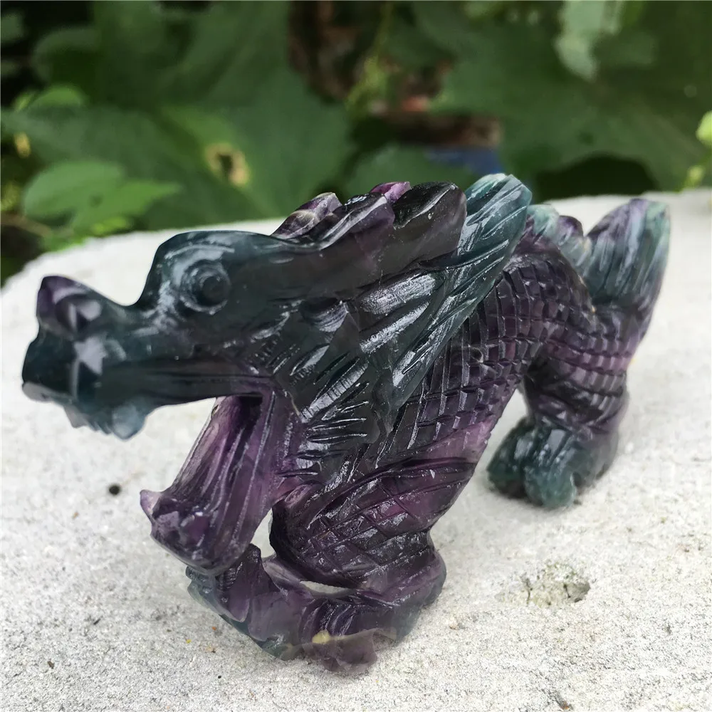 Natural rock hand carved dragon ornaments  fluorite crystal sculpture