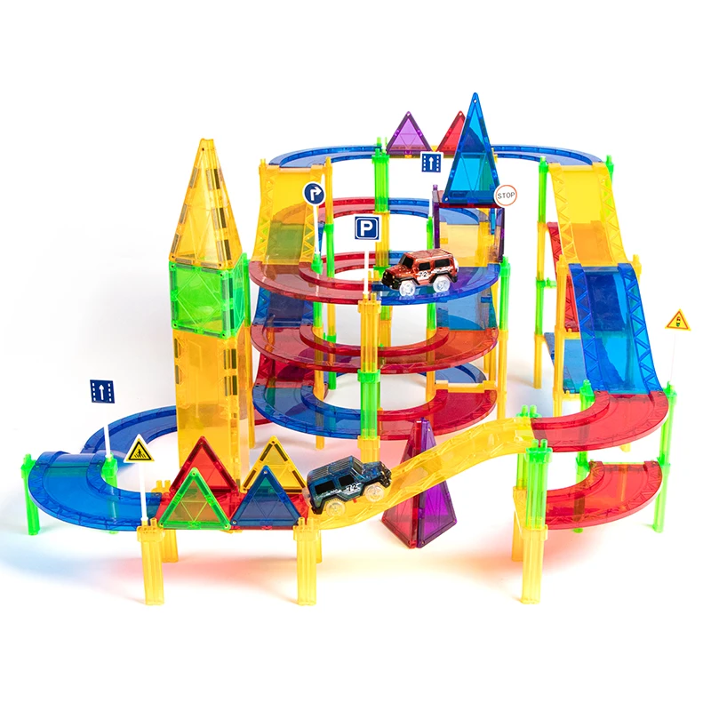 Magplayer 154 Pieces Magnetic Tiles Building Blocks set with Car Racing Tracks Toy for Children Intelligence Toys Best Gifts