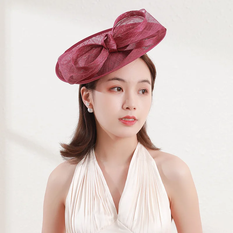 2021 New Wholesale Women's Elegant Linen Headdress Banquet Ball Women's Fashion Hair Accessories Elegant Top Hat Pink