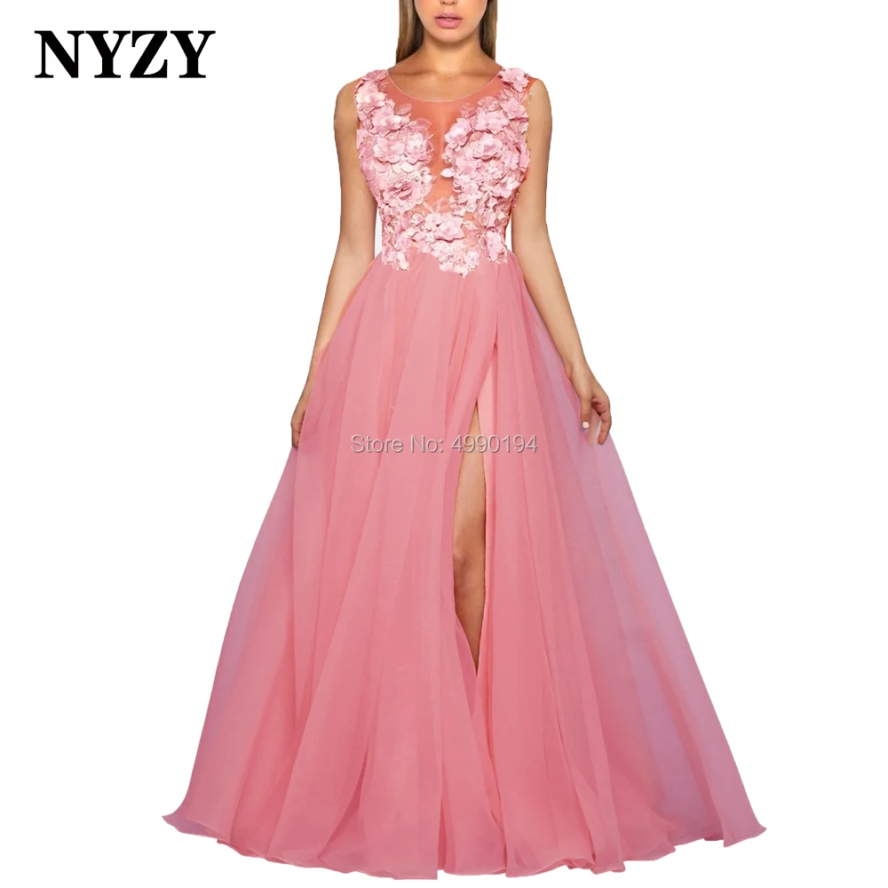 Sexy See-through High Slit Rosettes Pink Prom Dresses Long 2020 NYZY P102 Formal Dresses Party Night