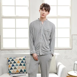 New Arrival Mens 2PCS Modal Pajamas Set Long Sleeve V Neck Night Suit Casual Homewear Loose Bamboo fiber Nighty