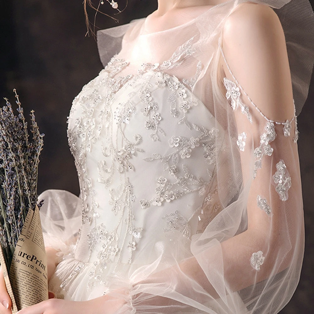 Robe de mariée trapèze en Tulle, avec traîne, manches longues, perles