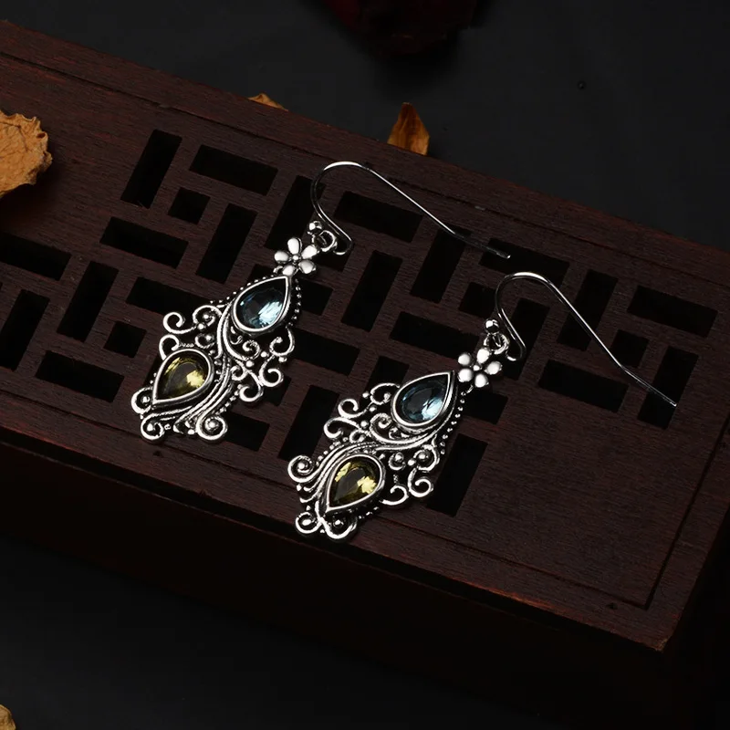Bohemia 925 Sterling Silver Gemstone Drop Earring real Natural Amethyst Garnet Sapphire for Women Jewelry Bizuteria Earrings