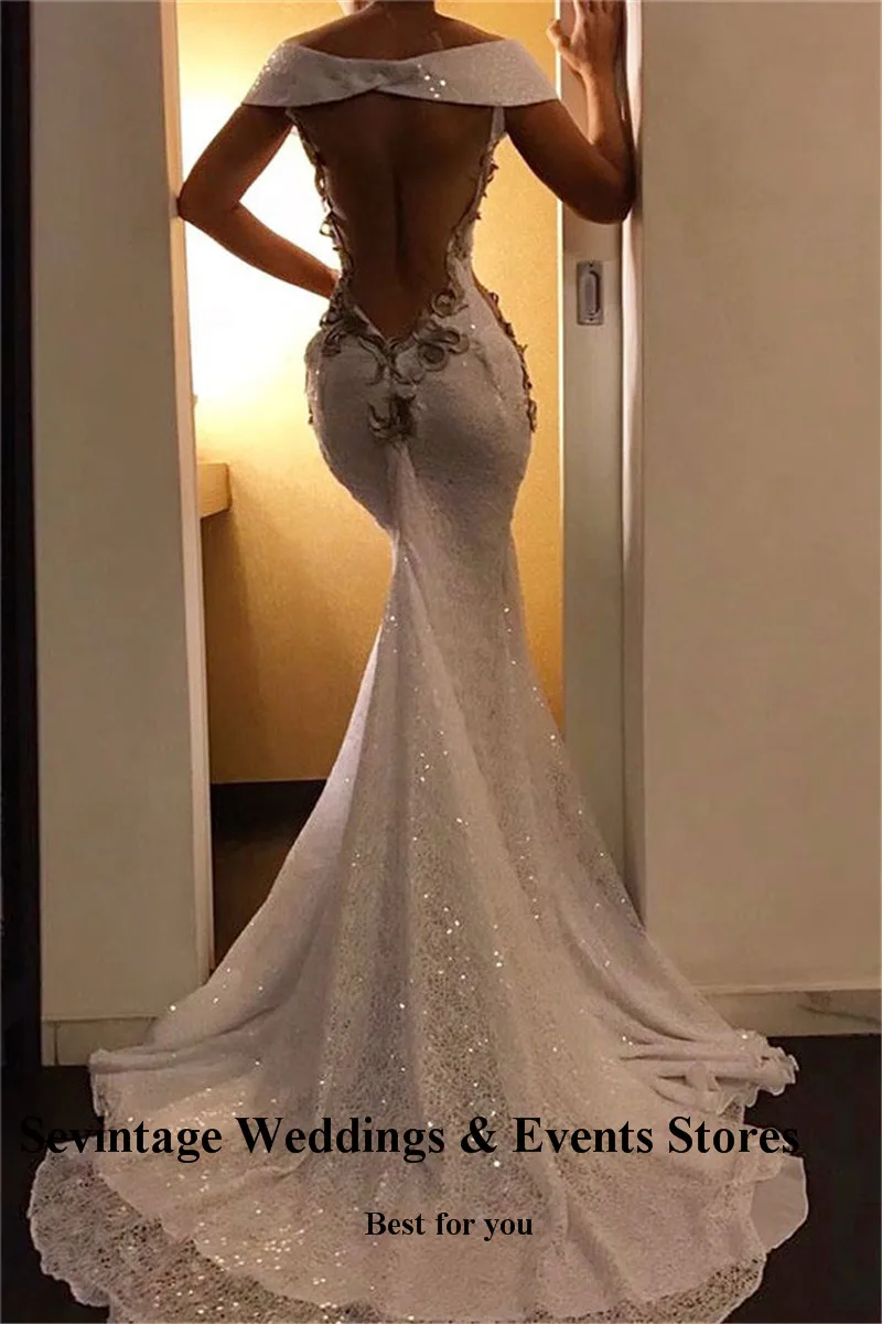 Sevintage Meerjungfrau Spitze Pailletten Prom Kleider Appliques Weg Von der Schulter Abendkleid Backless Nach Maß Pincess Party Kleider