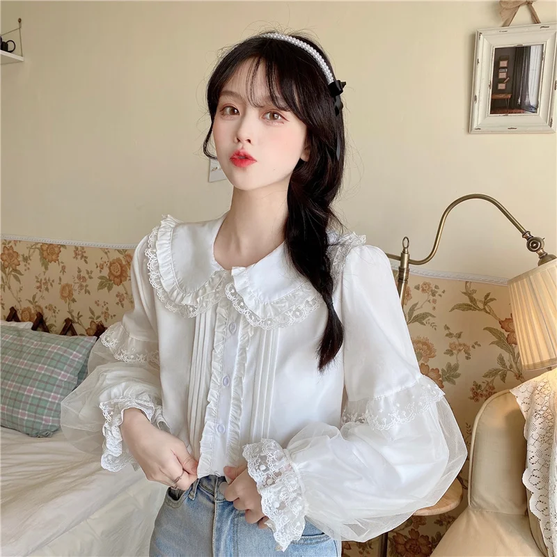 Sweet Lolita Long Sleeve White Shirts Women Japanese Lace Ruffles