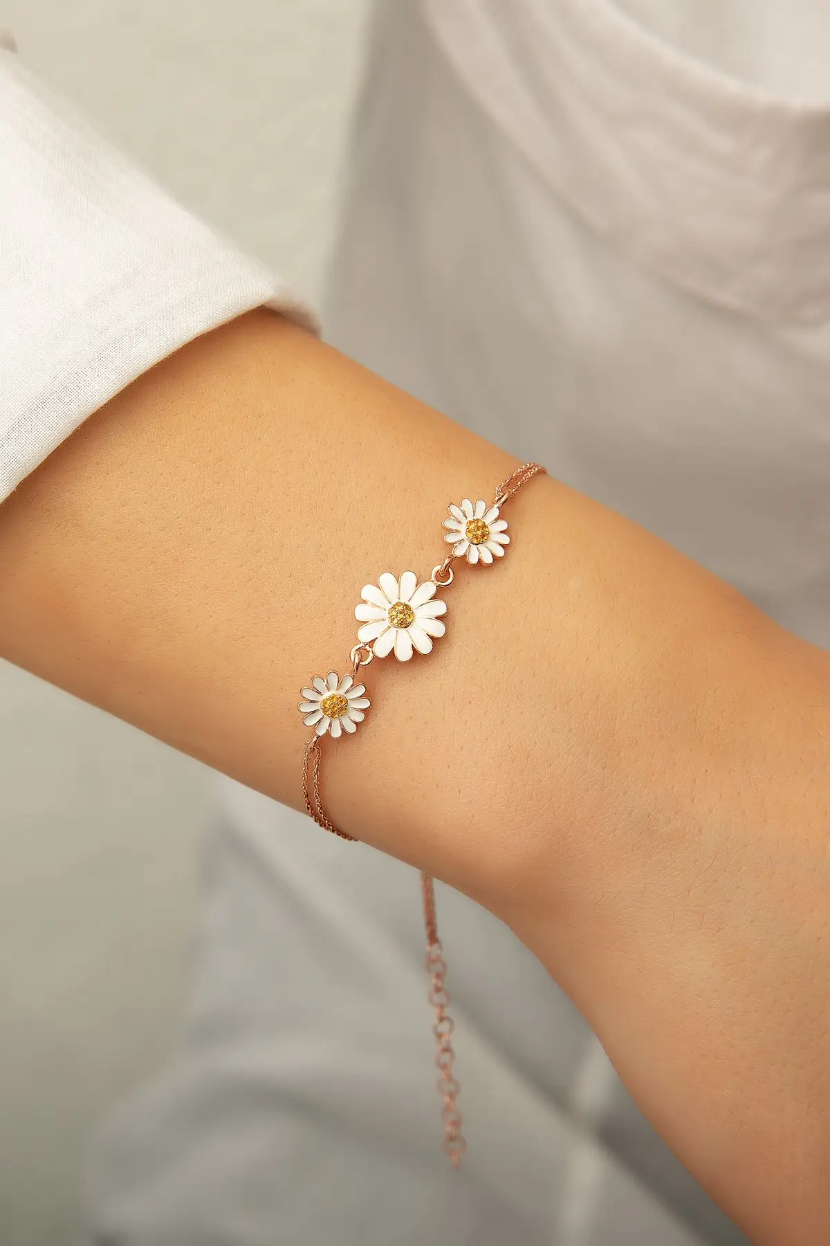 Three Daisy Cottage Bracelet-Yellow Nano Zirconia stone Cabochons Rose Gold Plated 925 Sterling Silver