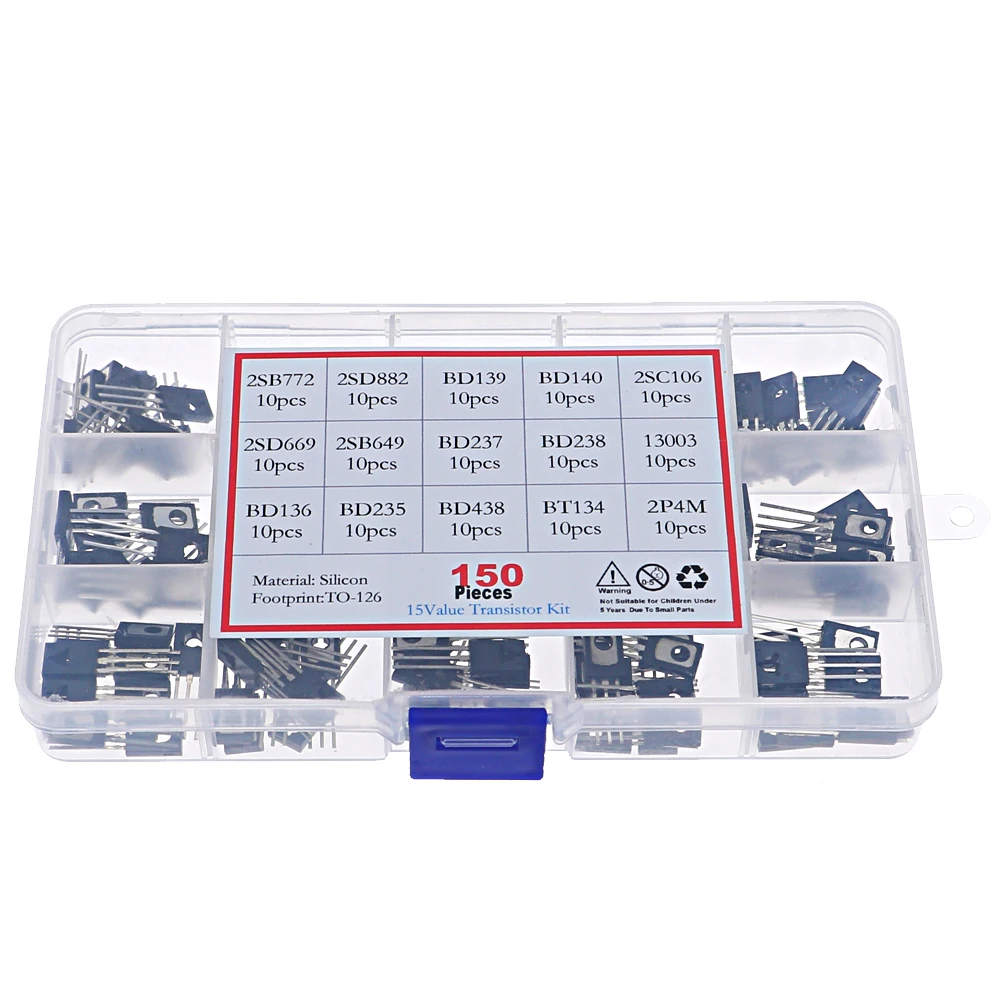 150pcs TO-126 Transistor Assortment Kit set B772 D882 BD139 BD140 C106 D669 B649 D237 D238 13003 BD136 BD235 BD438 BT134 2P4M