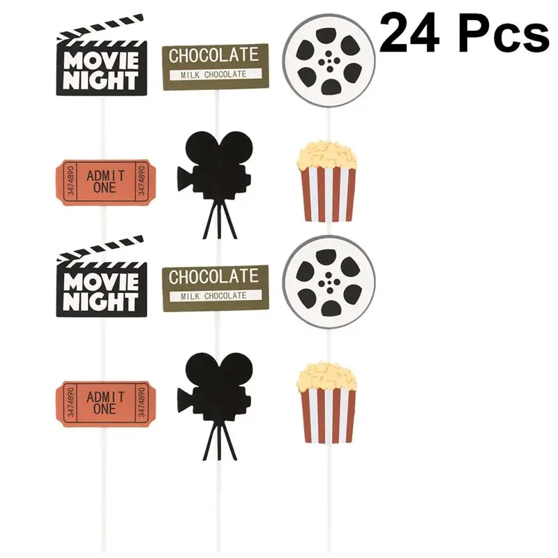 24PCS Creative Cake Inserted Movie Themed Party Decor Popcorn Cinema Ticket Lamplight Camera Cake Picks Funny Movie Party Decor