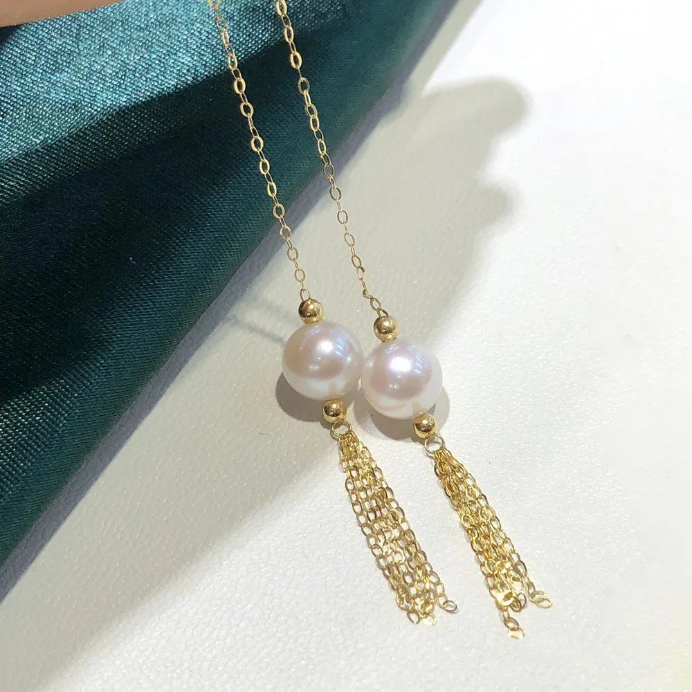 MADALENA SARARA 7-8mm AAA Freshwater Pearl  18K Gold Tassel Earrings Korean Trendy Style Simple Chain AU750 Fine Women Earring