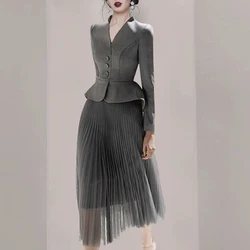 JSXDHK Runway New Spring Two Piece Set Elegant Women Ruffles V Neck Gray Blazers Tops + High Waist Mesh Long Pleated Skirts Suit