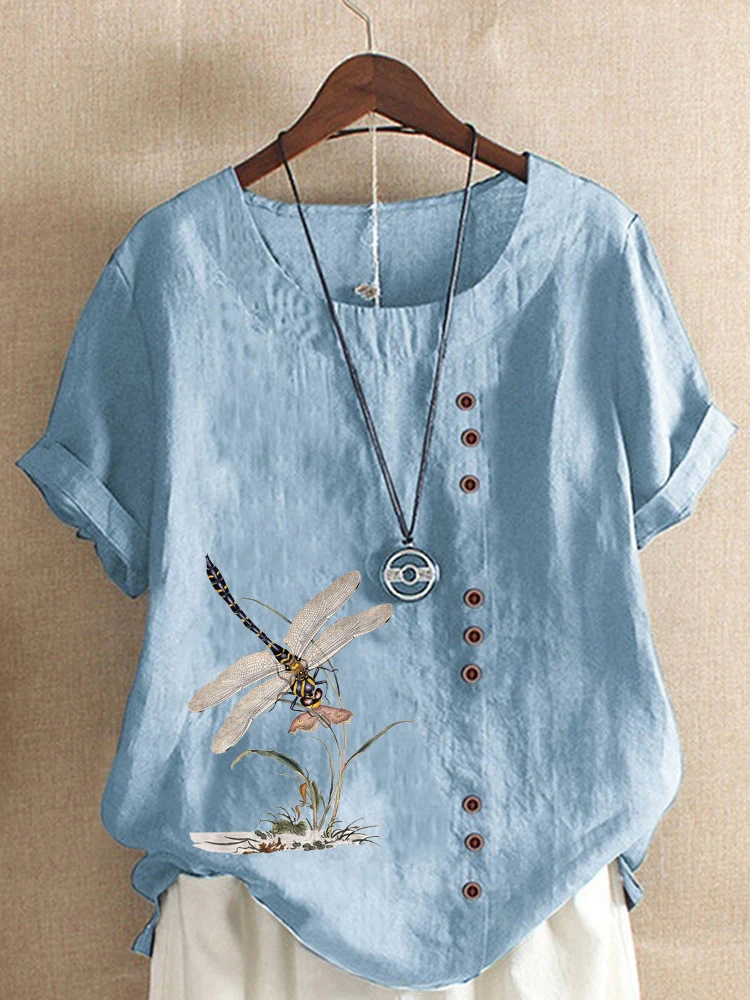 Summer Casual Dragonfly Print Loose T-shirt Retro Cotton and Linen O-neck Plus Size Short-sleeved Women's Top S-5XL