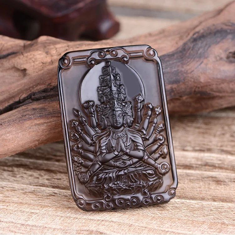 Natural Ice Obsidian Pendant Chinese Blessing Eight Buddha GuanYin Amulet Lucky Beads Necklace Chain Charm Trendy Gift Jewelry