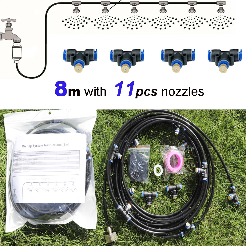 

8M Outdoor Garden Misting System with 11pcs High-Quality Brass Nozzles - Powerful Fog Sprayer for Cooling and Humidifying