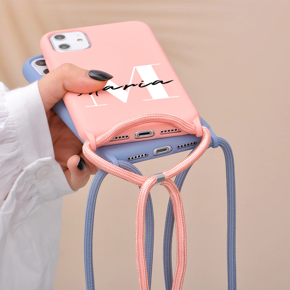 Чехол для iPhone с именем на заказ для iPhone 12 11 Pro Max X XR XS 7 8 Plus SE, мягкий чехол с ремешком через плечо и надписью