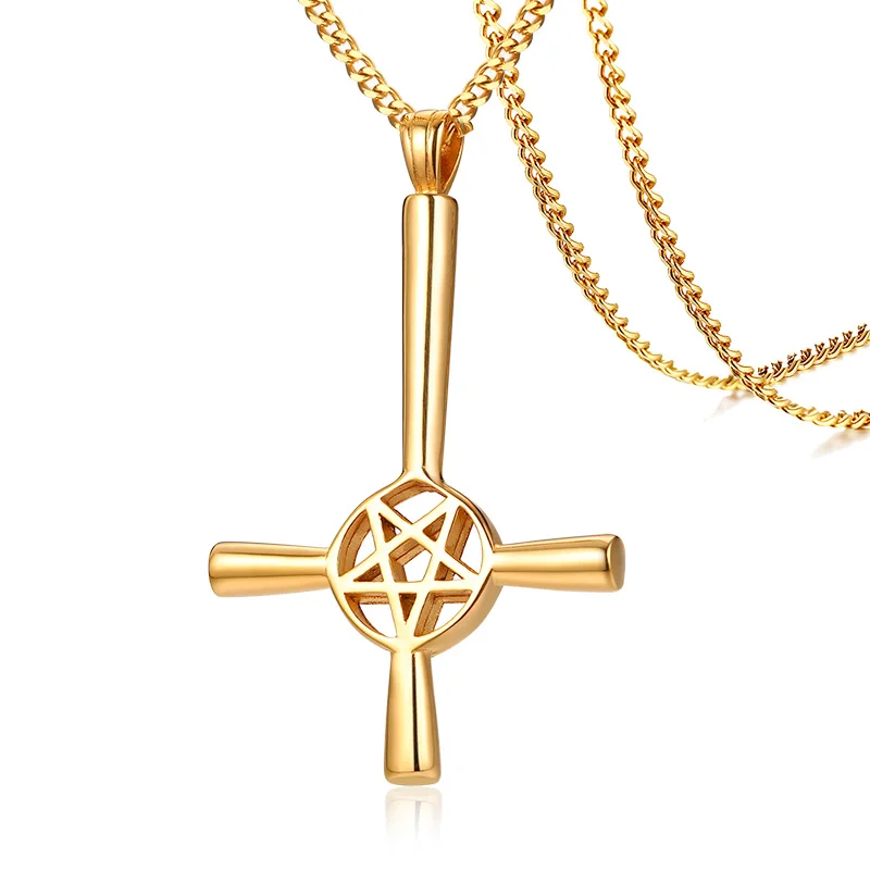 Inverted Five-pointed Star Cross Necklace Stainless Steel Lucifer Satan Symbol Pendant 24 inch
