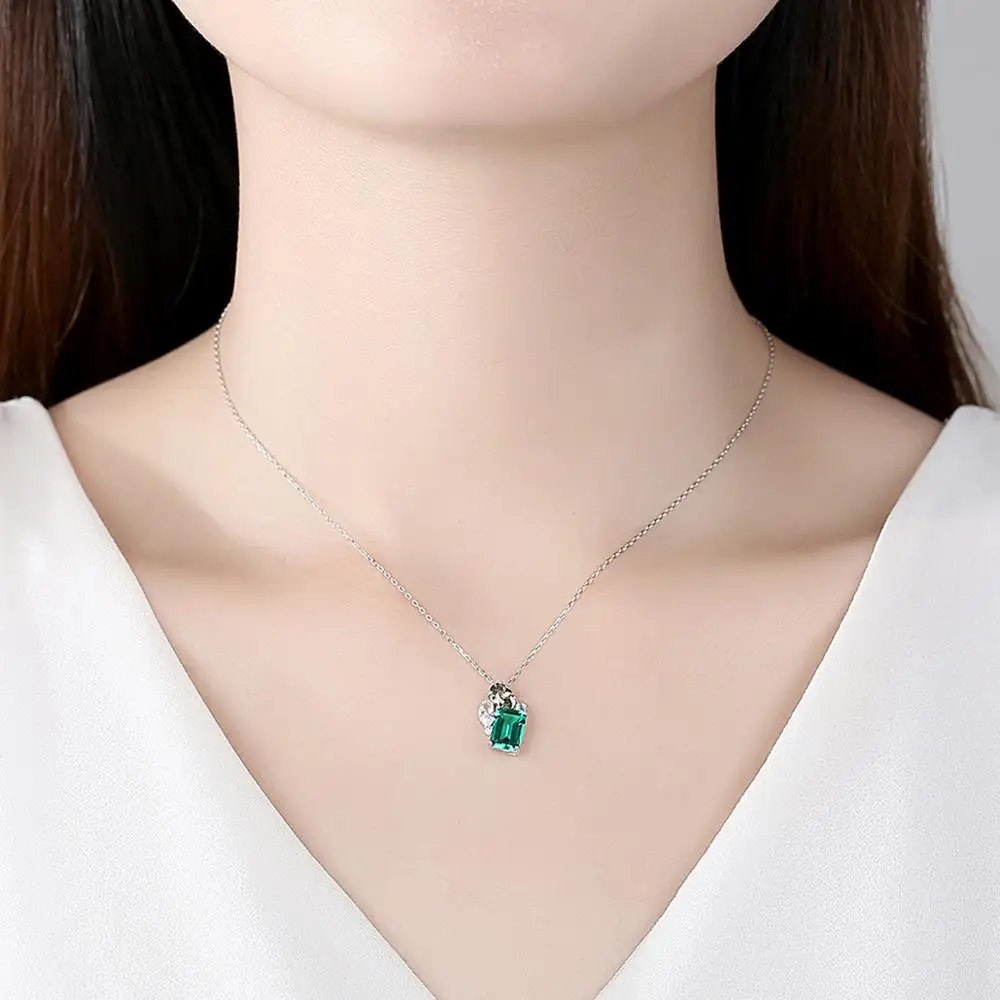 PAG&MAG Luxury Emerald Square Necklace Earrings Set For Women Sterling Silver 925 Jewelry Set Green Gemstone Fine Jewelry