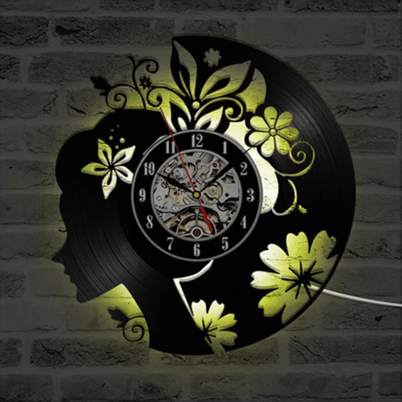 Flower Girl Vinyl Record Wall Clock LED Lighting Wall Art Decor Vintage Retro 3D Clocks Wall Watch Home Decor Birthday Gifts