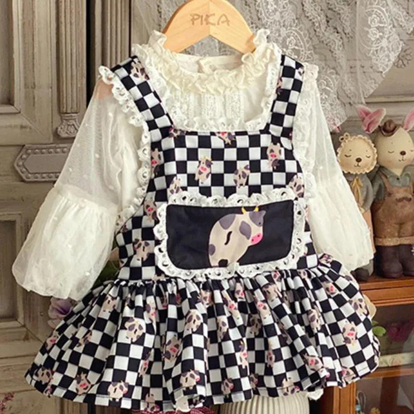 Baby girl spring autumn lolita plaid Spanish cute strap ball gown dress kids mesh stitching birthday party dress