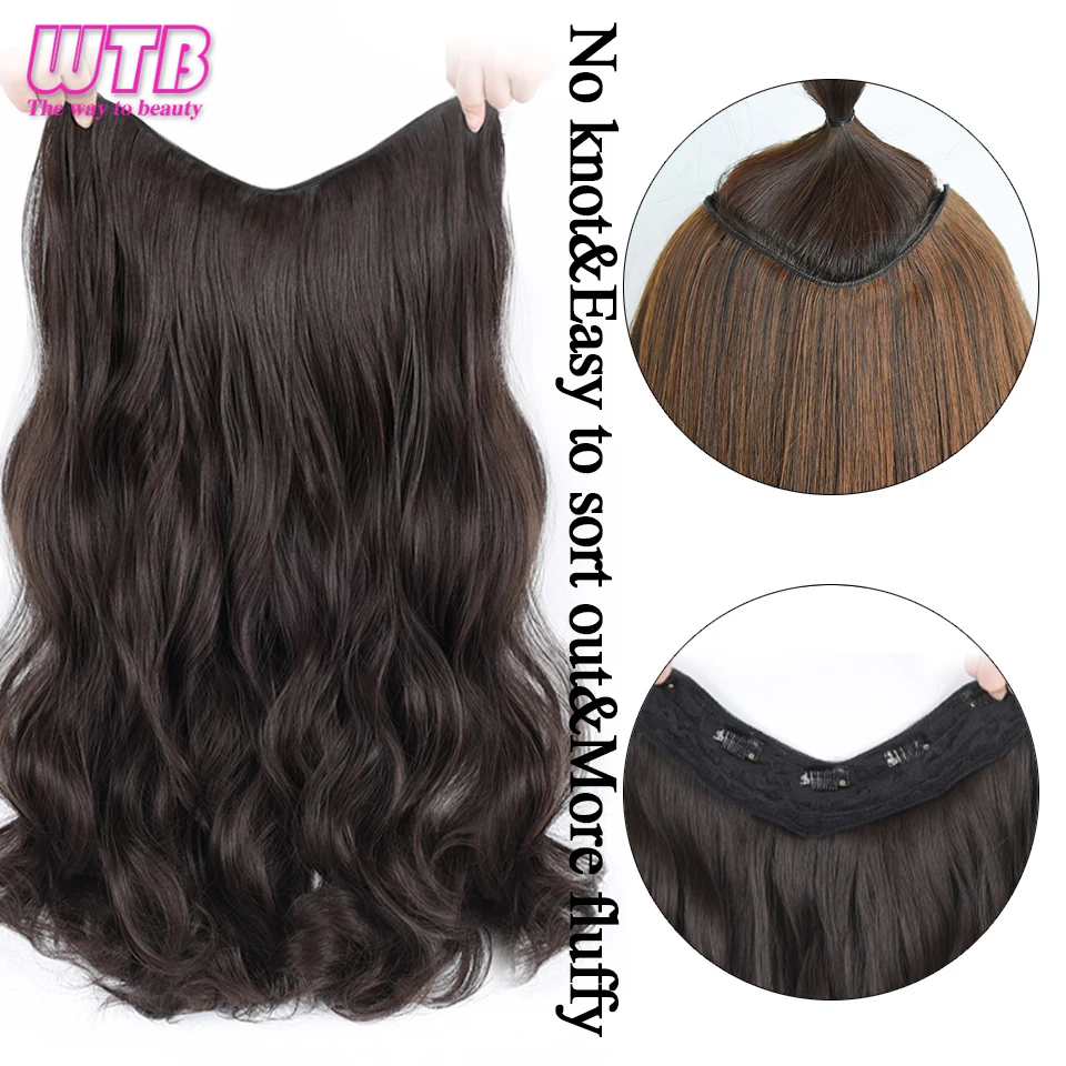 WTB-Extensão sintética de cabelo encaracolado longo para mulheres, 5 clipes em uma peça, cabelo natural, estilo 2, fofo invisível, peças de cabelo