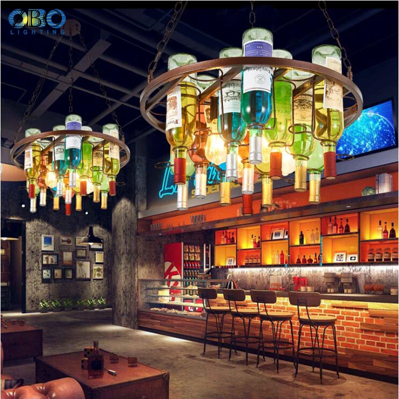 Vintage Pendant Lamp Wine Bottle Iron E27 LED Bar Decorative Lamps For Restaurant Cafe  Public House Retro Indoor Lighting