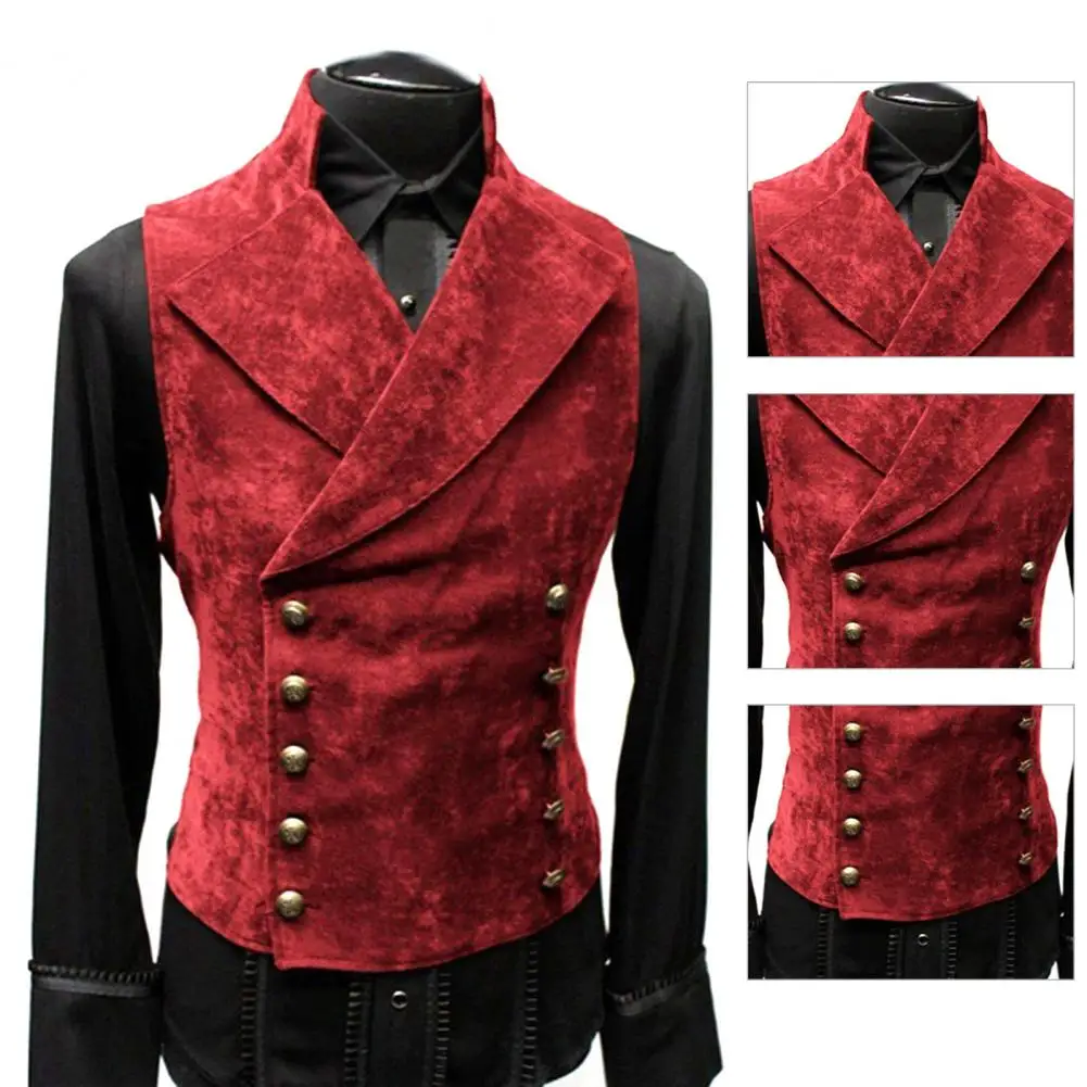 Mens Double Breasted Gothic Steampunk Velvet Vest Stand Collar Medieval Victorian Black Waistcoat Men Stage Cosplay Prom Costume