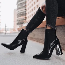 Thick High Heels Women Ankle Boots Square Toe Zip Footwear PU Patent Leather Female Boot Shoes Woman  New Black 2021