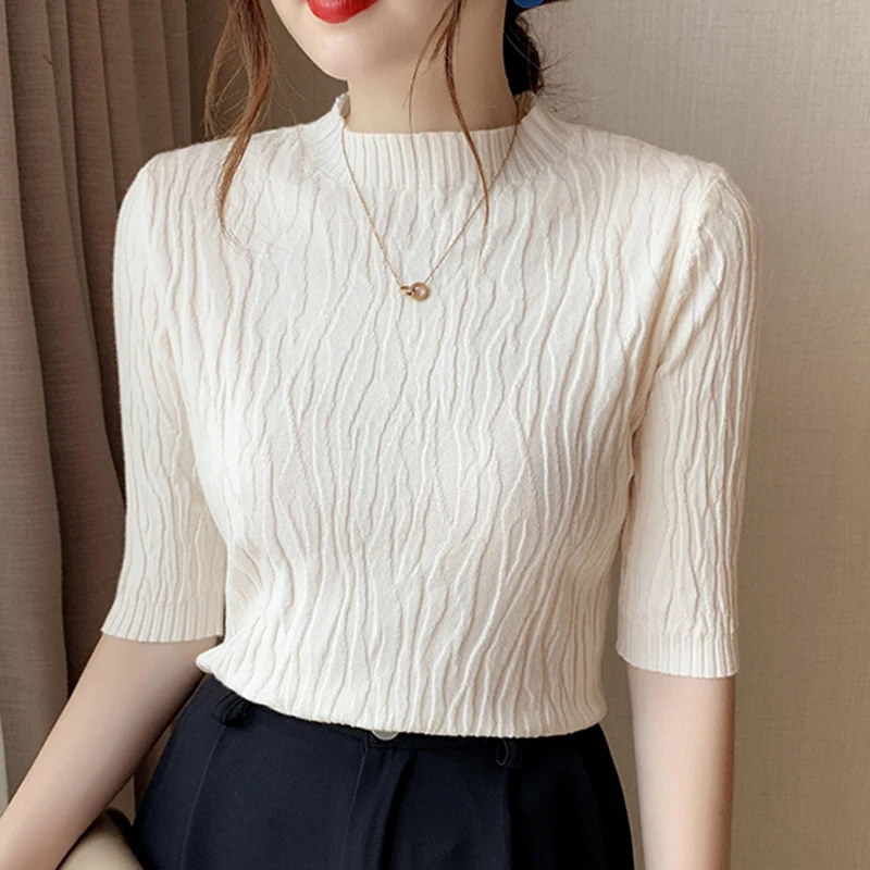 

Spring Summer Korean Fashion Solid Sweater Women Short Sleeve Tops 2024 Pull Femme Casual Slim Female Pullover Knitted Clothes